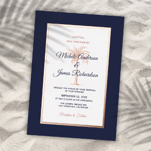 Invitation En Aluminium Rose Gold Navy Blue Palm Tree Tropical Mariage