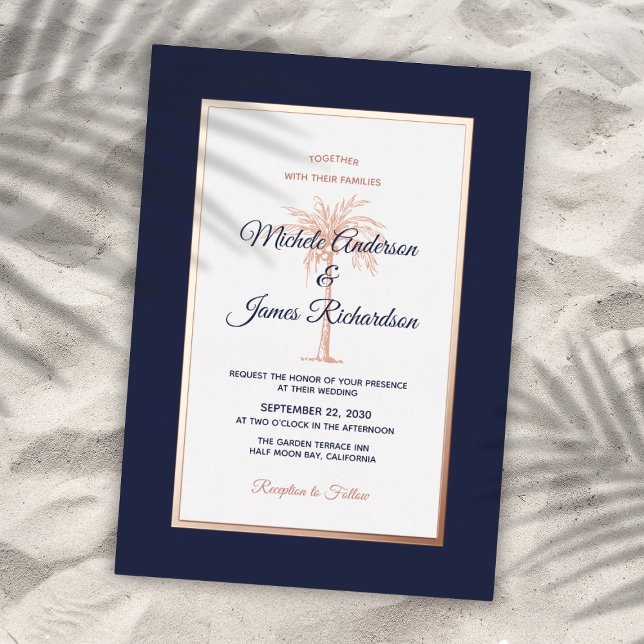 Invitation En Aluminium Rose Gold Navy Blue Palm Tree Tropical Mariage (Rose Gold Navy Blue Palm Tree Tropical Wedding Foil Invitation)