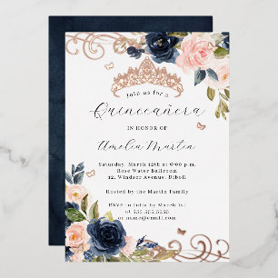 Invitation En Aluminium Rose Gold Navy Blush Floral Quinceanera Tourbillon
