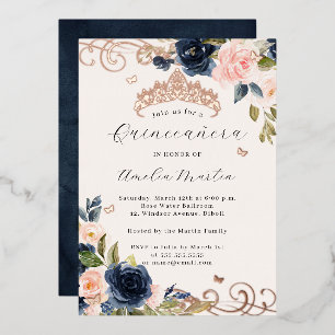 Invitation En Aluminium Rose Gold Navy Blush Floral Swirl Quinceanera