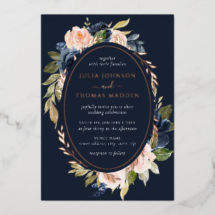 Invitation En Aluminium Rose Gold Navy Blush Mariage Floral Folial Foliing