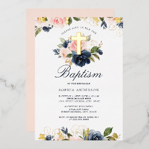 Invitation En Aluminium Rose Gold Navy Floral Baptême