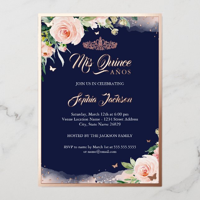 Invitation En Aluminium Rose Gold Navy Floral Quinceanera Anniversaire (Recto)