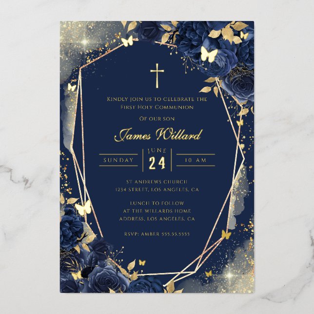 Invitation En Aluminium Rose Gold Navy Garçon Première Communion Foil (Recto)