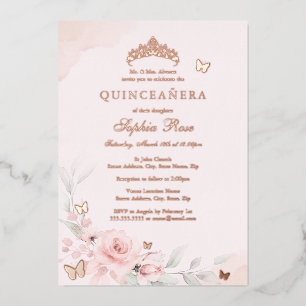 Invitation En Aluminium Rose Gold Papillon Floral Rose Quinceanera 15ème