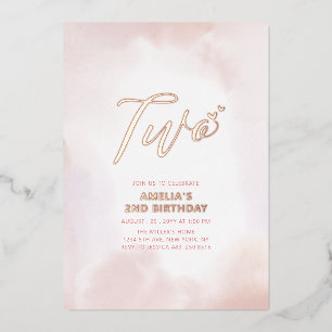 Invitation En Aluminium Rose Gold & Pink Heart Two Girl 2nd Birthday Party