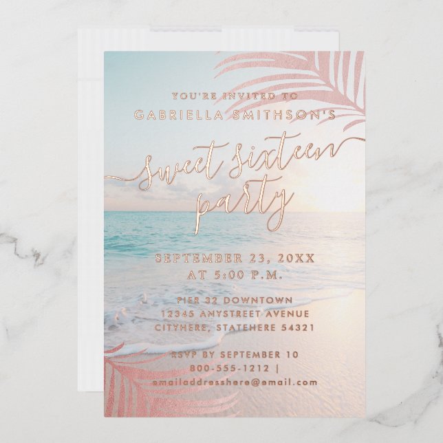 Invitation En Aluminium Rose Gold Real Foil Beach Sweet 16e anniversaire F (Enveloppe)
