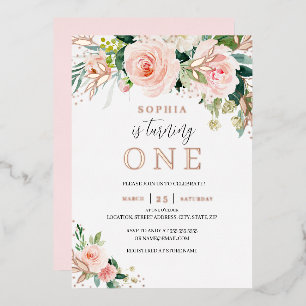 Invitation En Aluminium Rose Gold Rose Fleurie Fille 1er Anniversaire 