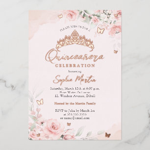 Invitation En Aluminium Rose Gold Rose Fleurissante Papillon Quinceanera