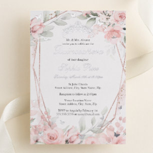 Invitation En Aluminium Rose Gold Rose Floral Papillon Quinceanera 