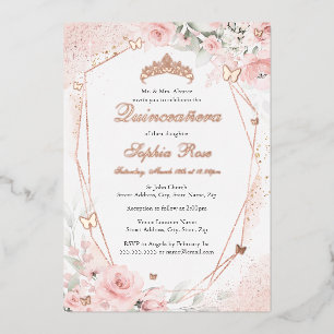 Invitation En Aluminium Rose Gold Rose Pâle Papillon Floral Quinceanera
