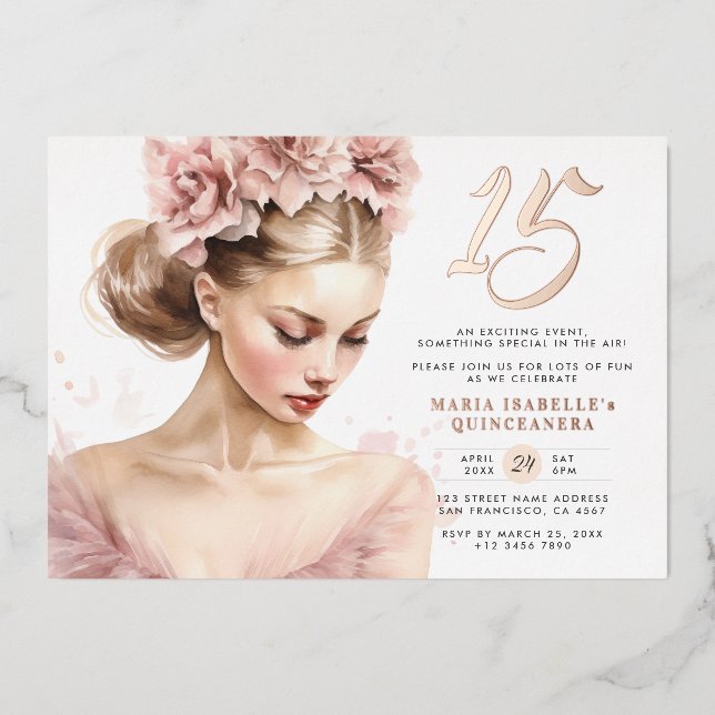 Invitation En Aluminium Rose Gold Rose Princesse Quinceañera fête d'annive (Recto)