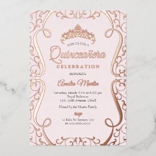 Invitation En Aluminium Rose Gold Rose Tourbillon Elégant Quinceanera