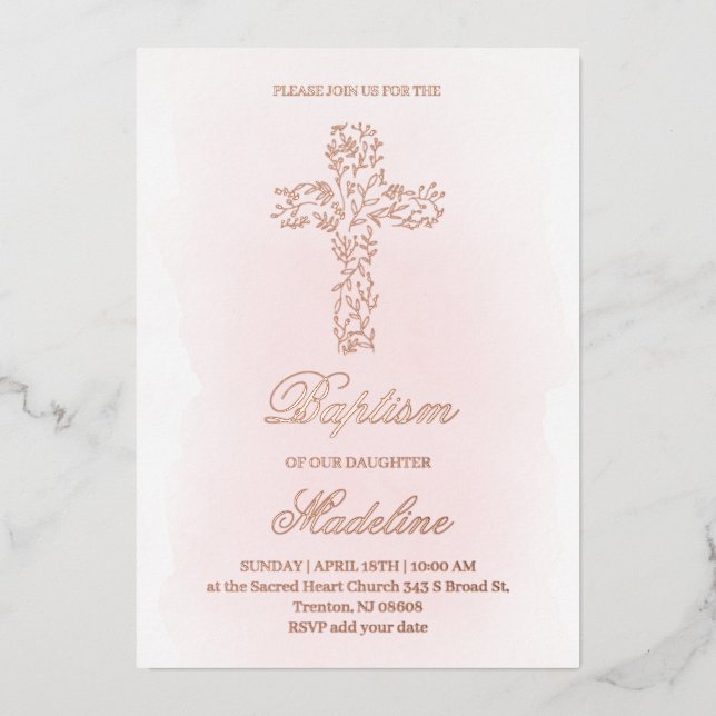 Invitation En Aluminium Rose Gold Saint-Croix Baptême (Recto)
