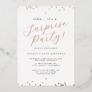 Invitation En Aluminium Rose Gold Script Confetti Surprise Party