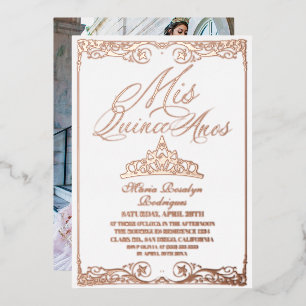 Invitation En Aluminium Rose Gold Script Élégant Quinceanera  Photo  Feuil