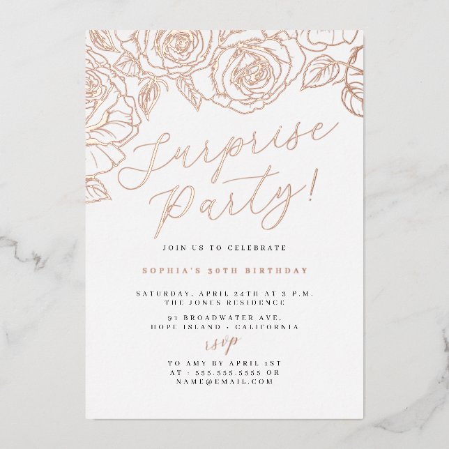 Invitation En Aluminium Rose Gold Script Floral Surprise Party (Recto)