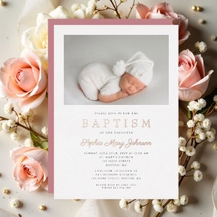 Invitation En Aluminium Rose Gold Script Modern rose Photo Girl Baptême