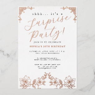 Invitation En Aluminium Rose Gold Script Rose Surprise Party Foil