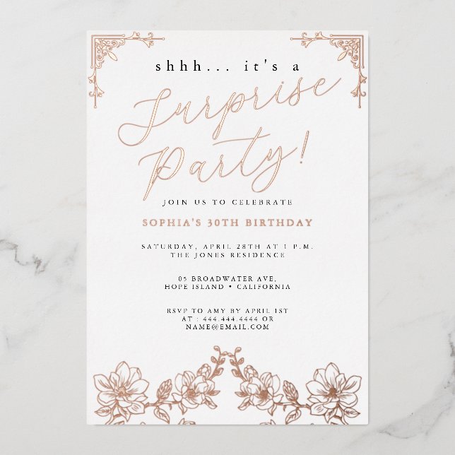 Invitation En Aluminium Rose Gold Script Rose Surprise Party Foil (Recto)