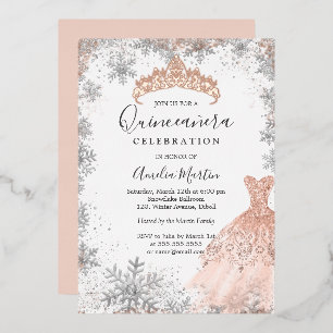 Invitation En Aluminium Rose Gold Silver Snowflake Hivernal Quinceanera