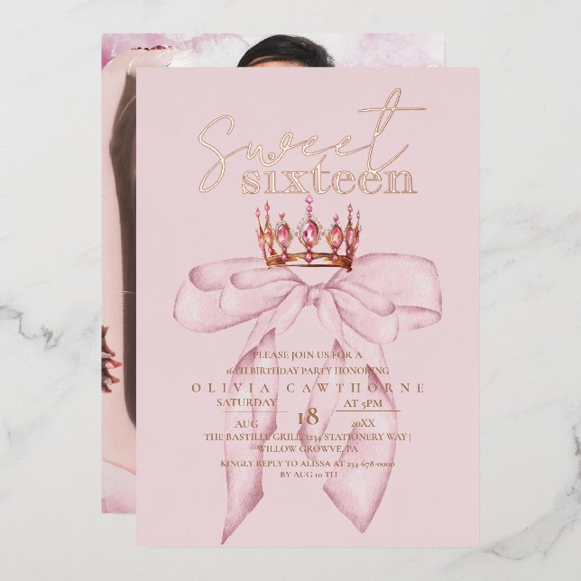Invitation En Aluminium Rose Gold Sweet 16 Bow Anniversaire (Recto/Verso)