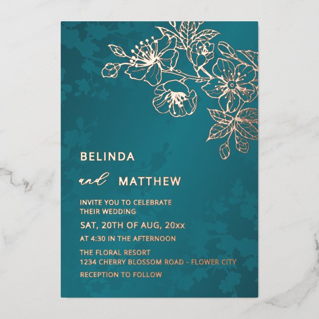 Invitation En Aluminium Rose Gold Teal Floral Wedding (Recto)