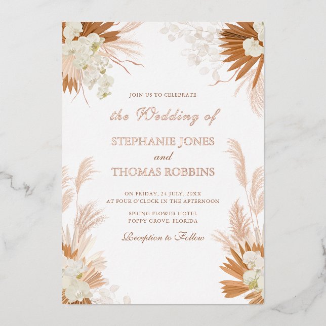 Invitation En Aluminium Rose Gold Terracotta Pampas Mariage Orchidée en he (Recto)
