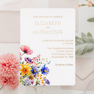 Invitation En Aluminium Rose Gold Texte Printemps Mariage Fleurs sauvages