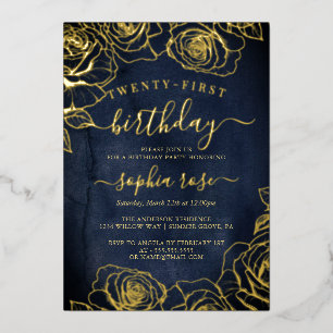 Invitation En Aluminium Rose Gold Watercolor Navy Foil 21e Anniversaire