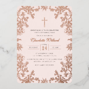 Invitation En Aluminium Rose Goldé Croix Vintage Première Communion Blush