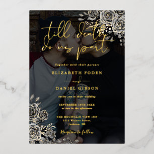 Invitation En Aluminium Rose gothique Floral Mariage noir et or photo