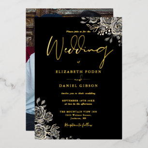 Invitation En Aluminium Rose gothique Floral Photo Mariage Noir Et Or