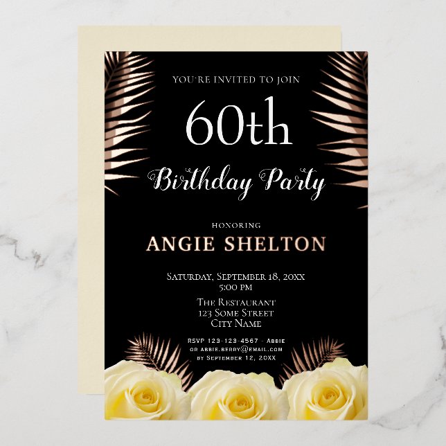 Invitation En Aluminium Rose jaune Feuilles tropicaux 60e anniversaire Or (Recto/Verso)