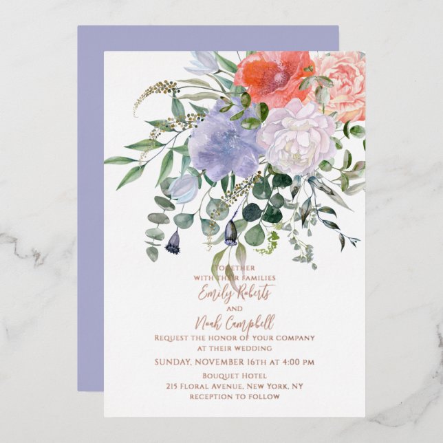 Invitation En Aluminium Rose Mariage floral rose et bleu clair (Recto/Verso)
