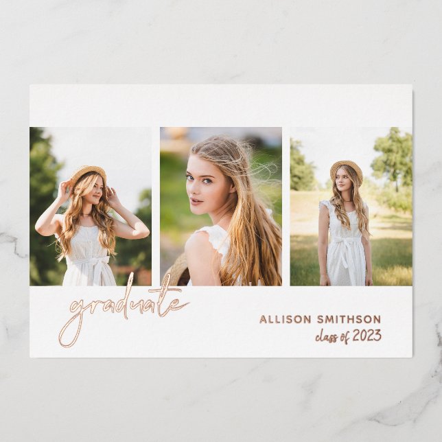 Invitation En Aluminium Rose moderne Gold Photo Graduation (Recto)