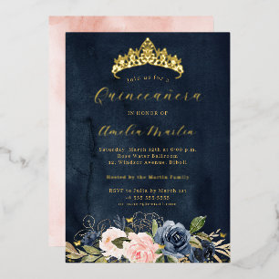Invitation En Aluminium Rose Navy Fleurissant Papillon Quinceanera