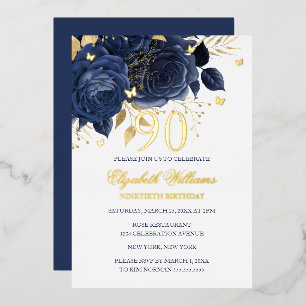 Invitation En Aluminium Rose Navy Or Butterfly Étincelant 90e Anniversaire