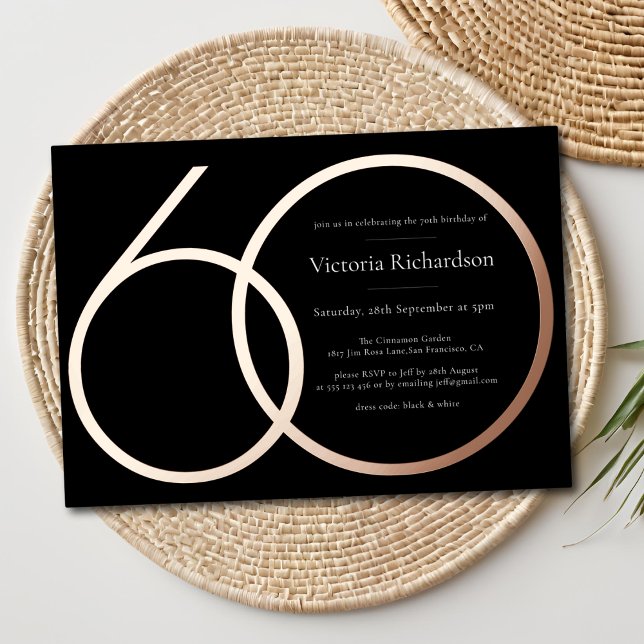 Invitation En Aluminium Rose noire or personnalisée minimaliste 60 ans (Black Rose Gold Custom Minimalist 60th Birthday Foil Invitation)