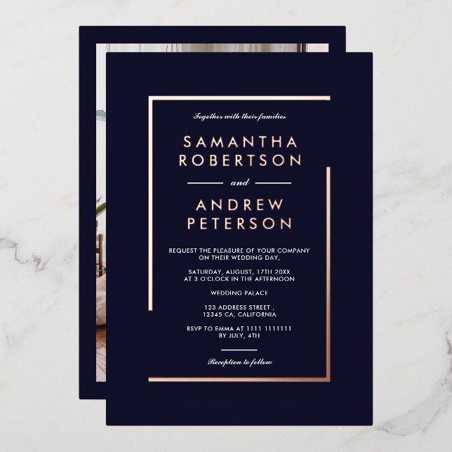 Invitation En Aluminium Rose or cadre géométrique photo mariage marine (Recto/Verso)