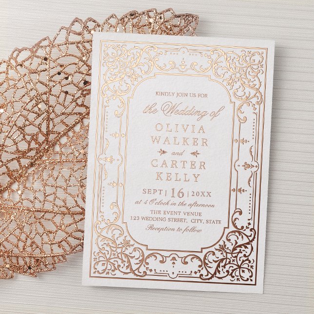 Invitation En Aluminium Rose or élégant orné romantique mariage vintage (Rose gold elegant ornate romantic vintage wedding foil invitation)