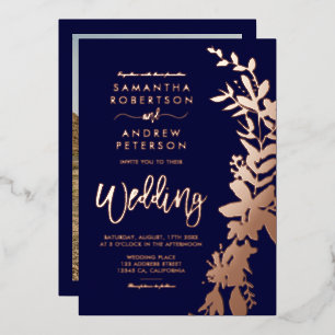 Invitation En Aluminium Rose or fleuri couronne chic bleu marine mariage