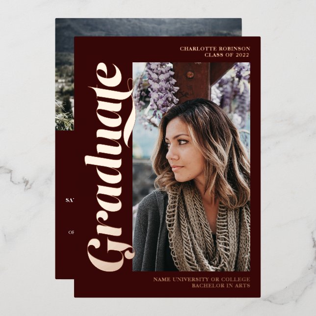 Invitation En Aluminium Rose or rouge script 3 photos graduation (Recto/Verso)