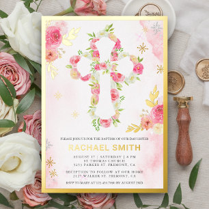 Invitation En Aluminium Rose Pâle Aquarelle Florale Baptême Or