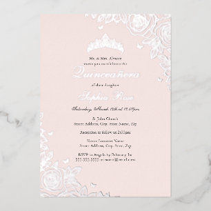 Invitation En Aluminium Rose Pâle Argent Floral Quinceanera Anniversaire