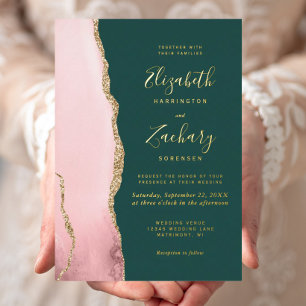 Invitation En Aluminium Rose Pâle Or Agate Vert Émeraude Mariage