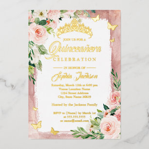Invitation En Aluminium Rose Pâle Or Quinceanera Floral Papillon