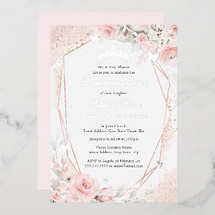 Invitation En Aluminium Rose Pâle Papillon Floral Quinceanera Argenté