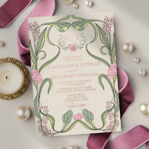 Invitation En Aluminium Rose Pâle Sage Art Nouveau Floral Mariage Vintage