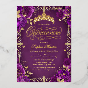 Invitation En Aluminium Rose Papillon Or Quinceanera Violet Royal Or